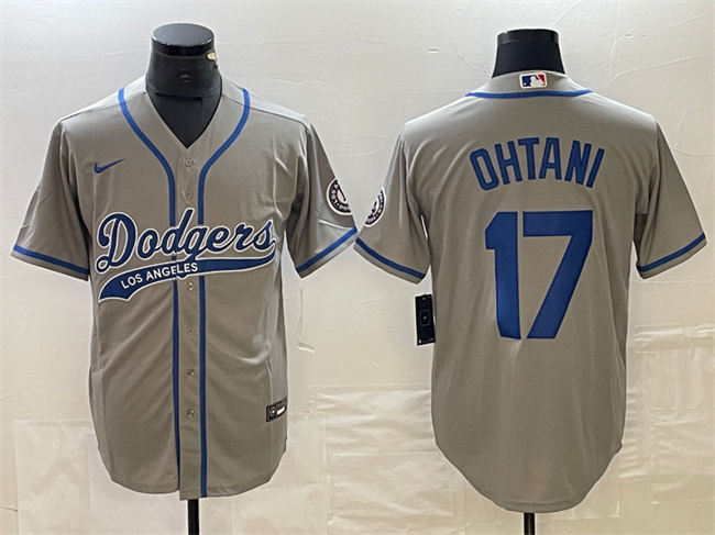 Men's Los Angeles Dodgers #17 Shohei Ohtani Grey Cool Base With Patch Stitched Baseball Jersey